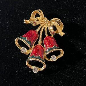 Vintage Christmas bells brooch, gold tone with enamel and crystal accents